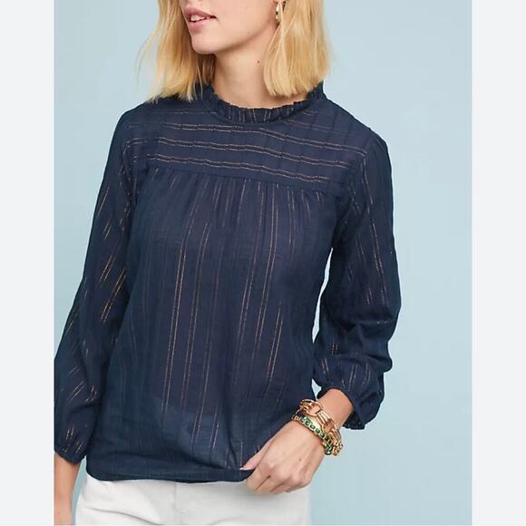Anthropologie Maeve Reston Blouse Small Navy Blue Gold Metallic Semi Sheer - Picture 1 of 14